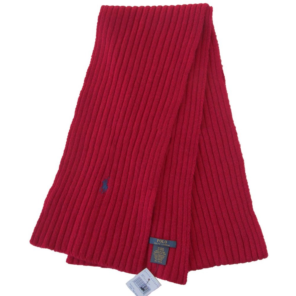 NEW Polo Ralph Lauren Ribbed Scarf! Red With Navy Signature Polo Player Wool